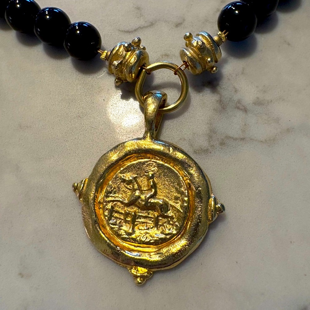 Gold Medallion Pendant Necklace with Black Beads - Designer Style